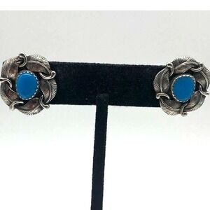 Vintage Old Navajo Sterling Turquoise pierced earrings signed‎ AY